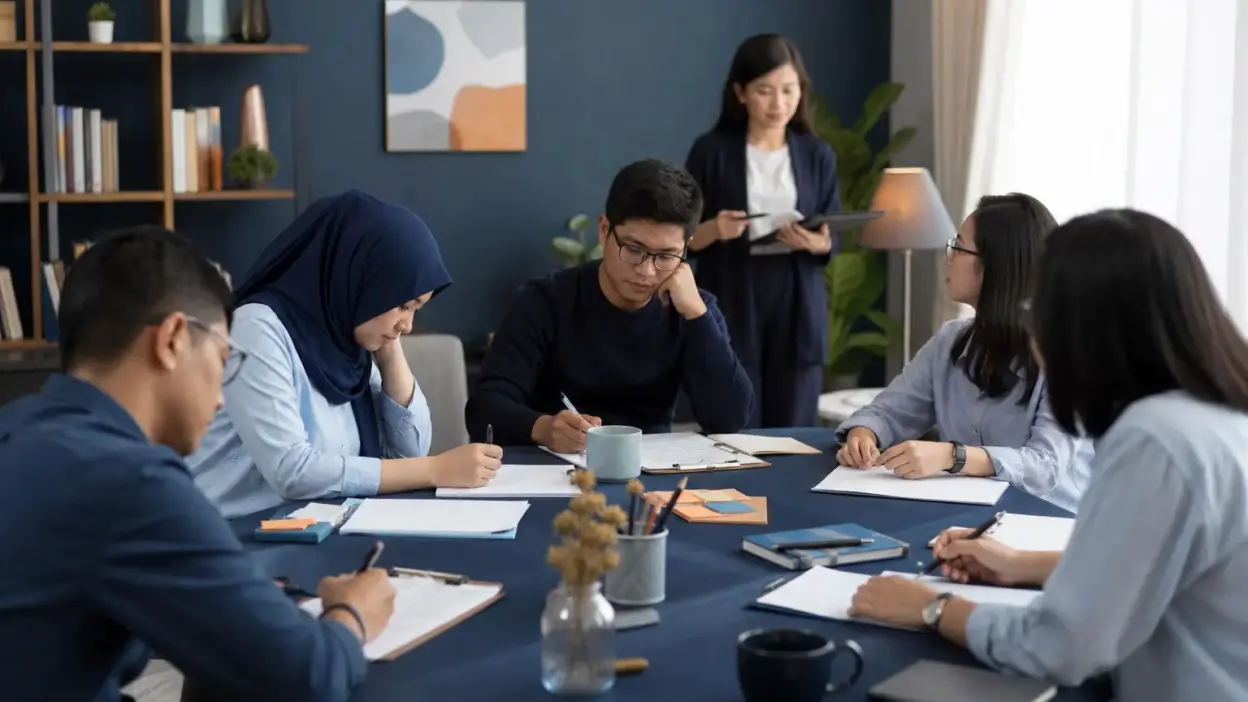 Suasana kelas profesional di Indonesia dengan peserta dewasa mempelajari analisis tulisan tangan secara reflektif