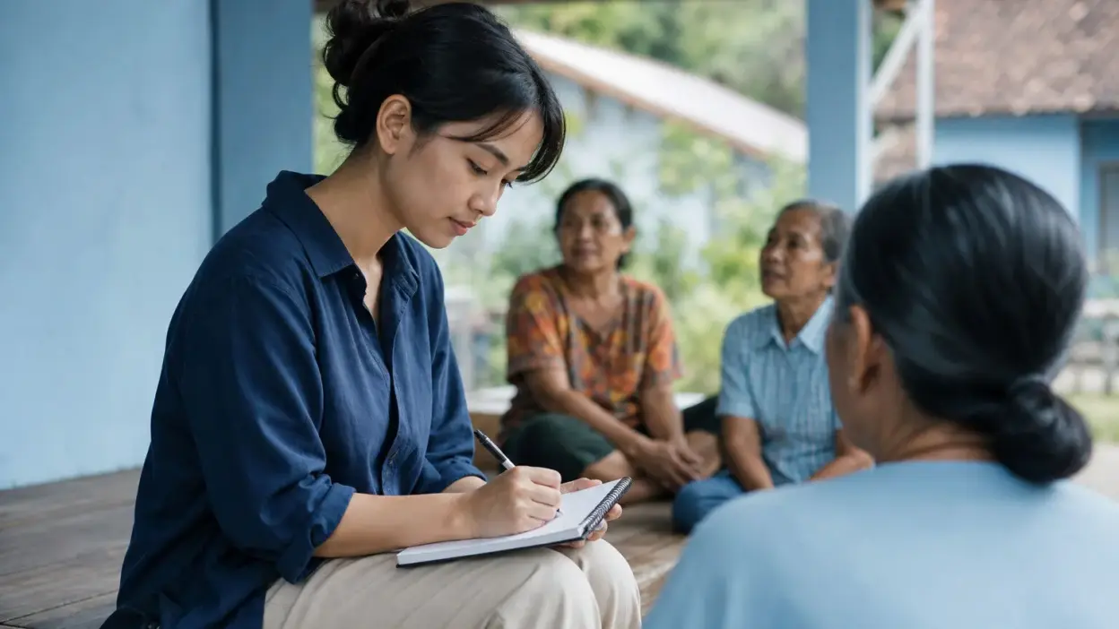 Dua orang duduk berdiskusi reflektif di ruang komunitas, mencerminkan asesmen psikologi yang peka konteks dan budaya