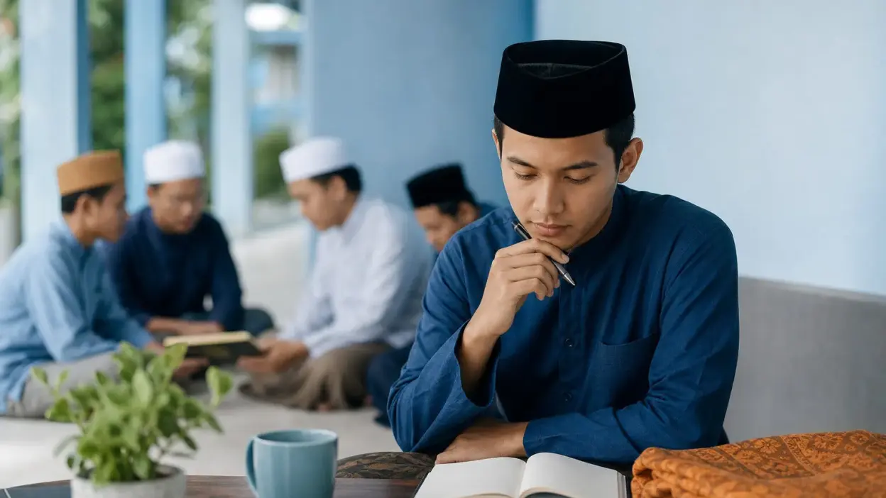 Seorang pendidik mengamati santri menulis jurnal dalam suasana tenang sebagai bagian dari asesmen psikologi komunitas yang humanis