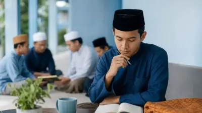 Seorang pendidik mengamati santri menulis jurnal dalam suasana tenang sebagai bagian dari asesmen psikologi komunitas yang humanis