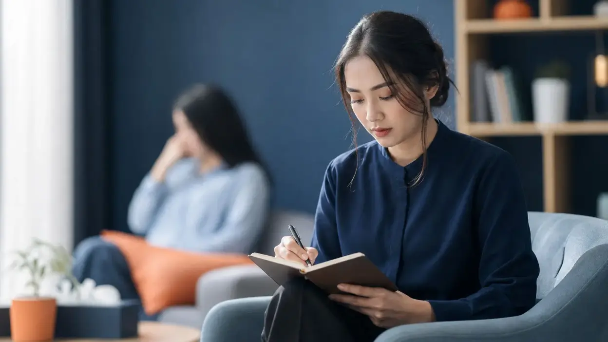 Mahasiswa menulis refleksi diri di jurnal saat mengikuti asesmen psikologi awal di ruang konseling kampus