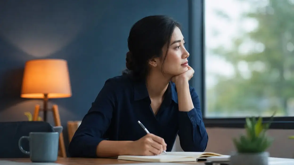 Seorang profesional duduk dekat jendela menulis jurnal, merefleksikan burnout psikolog dan kepemimpinan empatik di institusi publik