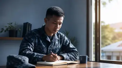 Seorang prajurit berseragam duduk tenang menulis jurnal dekat jendela, menggambarkan insight psikologi tentang disiplin dan kesehatan mental