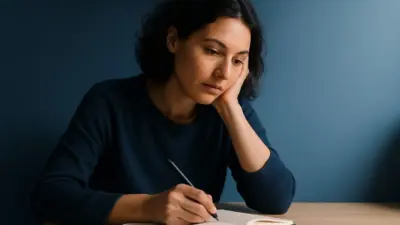 Seorang dewasa menulis jurnal di ruang keluarga dengan cahaya lembut, menggambarkan insight psikologi dalam kesehatan mental keluarga