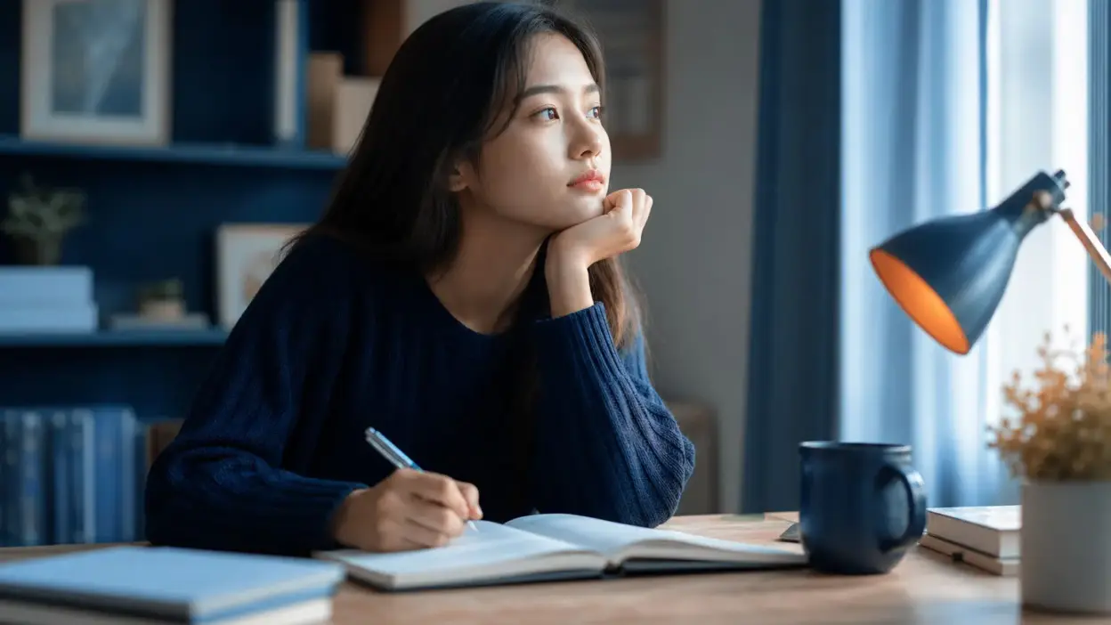 Mahasiswa duduk dekat jendela menulis jurnal, merefleksikan insight psikologi dari kompetisi ilmiah