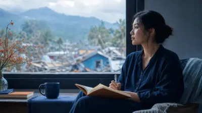 Seorang relawan duduk dekat jendela menulis jurnal reflektif tentang insight psikologi praktis dalam merespons bencana alam