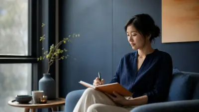 Seorang dewasa duduk dekat jendela menulis jurnal sebagai bagian dari refleksi dan insight psikologi praktis tentang kesehatan mental holistik