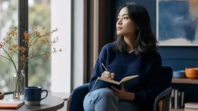 Seorang dewasa duduk dekat jendela menulis jurnal dengan suasana tenang, menggambarkan insight psikologi praktis dari pengalaman hidup yang didengar