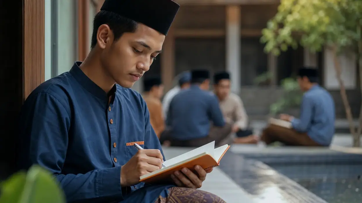 Seorang santri duduk dekat jendela menulis jurnal sebagai bagian dari insight psikologi praktis di pesantren ramah mental