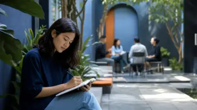 Dua orang berbincang tenang di sudut taman sebagai ruang dialog kesehatan mental komunitas di ruang publik