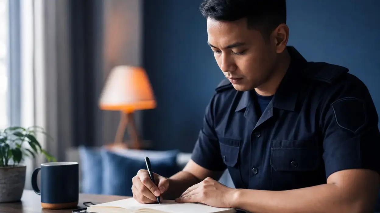 Seorang personel kepolisian duduk reflektif menulis di buku catatan sebagai simbol manajemen stres dan tes psikologi
