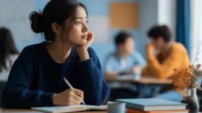 Dua anak duduk di kelas dengan cahaya lembut, saling berbicara dan belajar memahami orang lain lewat empati