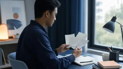 Seorang profesional Indonesia duduk dekat jendela membaca catatan tulisan tangan dengan suasana tenang dan reflektif