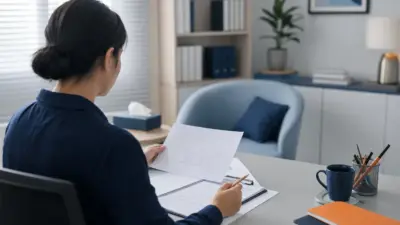 Psikolog dewasa meninjau catatan observasi dan tulisan tangan di kantor bernuansa biru yang tenang