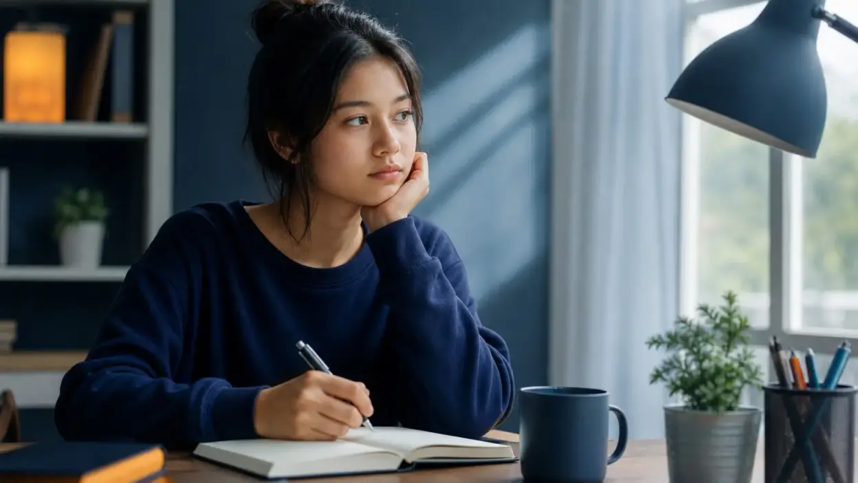 Guru dan remaja di kelas duduk tenang dekat jendela, merefleksikan penggunaan media digital dengan nuansa psikologi modern