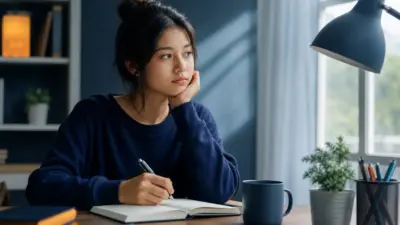 Guru dan remaja di kelas duduk tenang dekat jendela, merefleksikan penggunaan media digital dengan nuansa psikologi modern