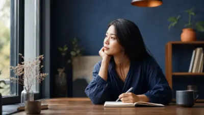 Seorang dewasa duduk reflektif dekat jendela dengan jurnal dan botol essential oil, menggambarkan psikologi populer dalam meredakan stres ringan
