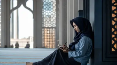 Seorang dewasa duduk reflektif di dekat jendela ruang ibadah yang tenang, menggambarkan psikologi sosial dan istirahat batin