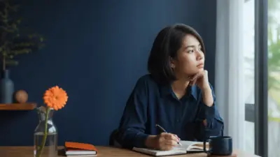 Seorang dewasa menulis jurnal di dekat jendela dalam suasana tenang untuk refleksi diri tentang empati yang melelahkan