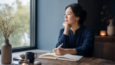Seorang dewasa duduk tenang menulis jurnal dekat jendela sebagai bentuk refleksi diri untuk kesehatan mental dan spiritual