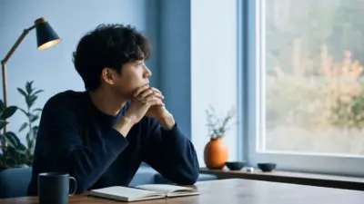 Seorang dewasa menulis jurnal dekat jendela sebagai bentuk refleksi diri menghadapi krisis kesehatan mental generasi muda