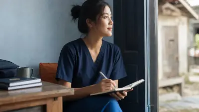 Seorang relawan kesehatan duduk tenang menulis jurnal sebagai refleksi diri setelah membantu warga rentan
