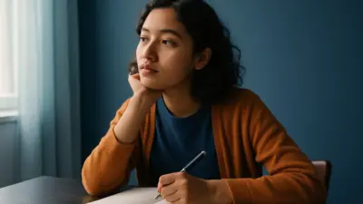 Remaja duduk dekat jendela menulis jurnal dengan suasana tenang sebagai latihan self awareness dan refleksi diri