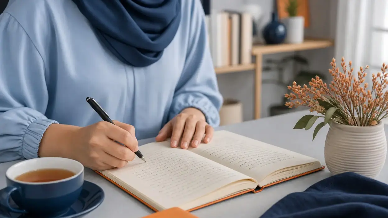 Seorang profesional menulis di buku catatan dengan tulisan tangan di meja kerja yang tenang sebagai bentuk refleksi diri