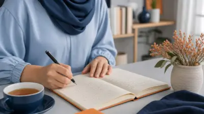 Seorang profesional menulis di buku catatan dengan tulisan tangan di meja kerja yang tenang sebagai bentuk refleksi diri