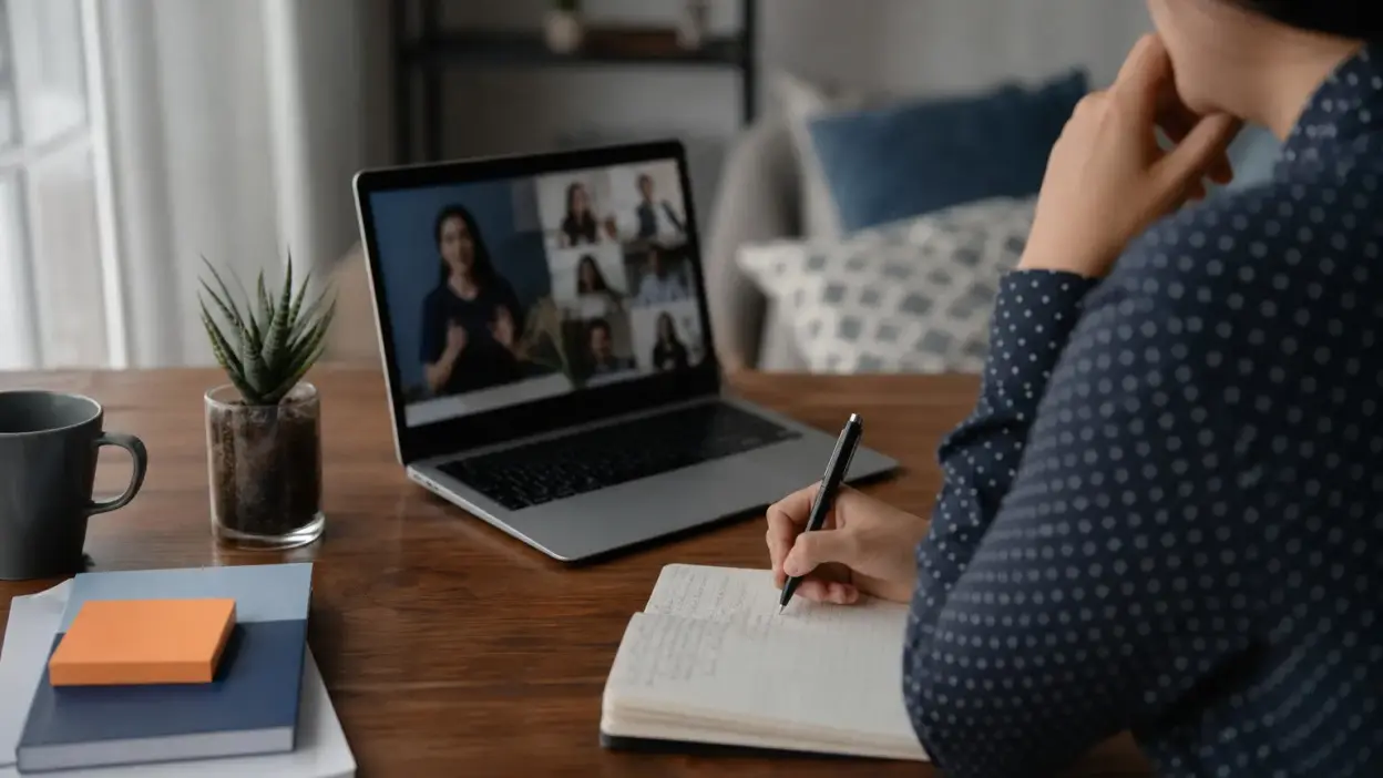 Laptop menampilkan sesi webinar online dengan buku catatan bertulisan tangan di meja, suasana belajar psikologi yang tenang